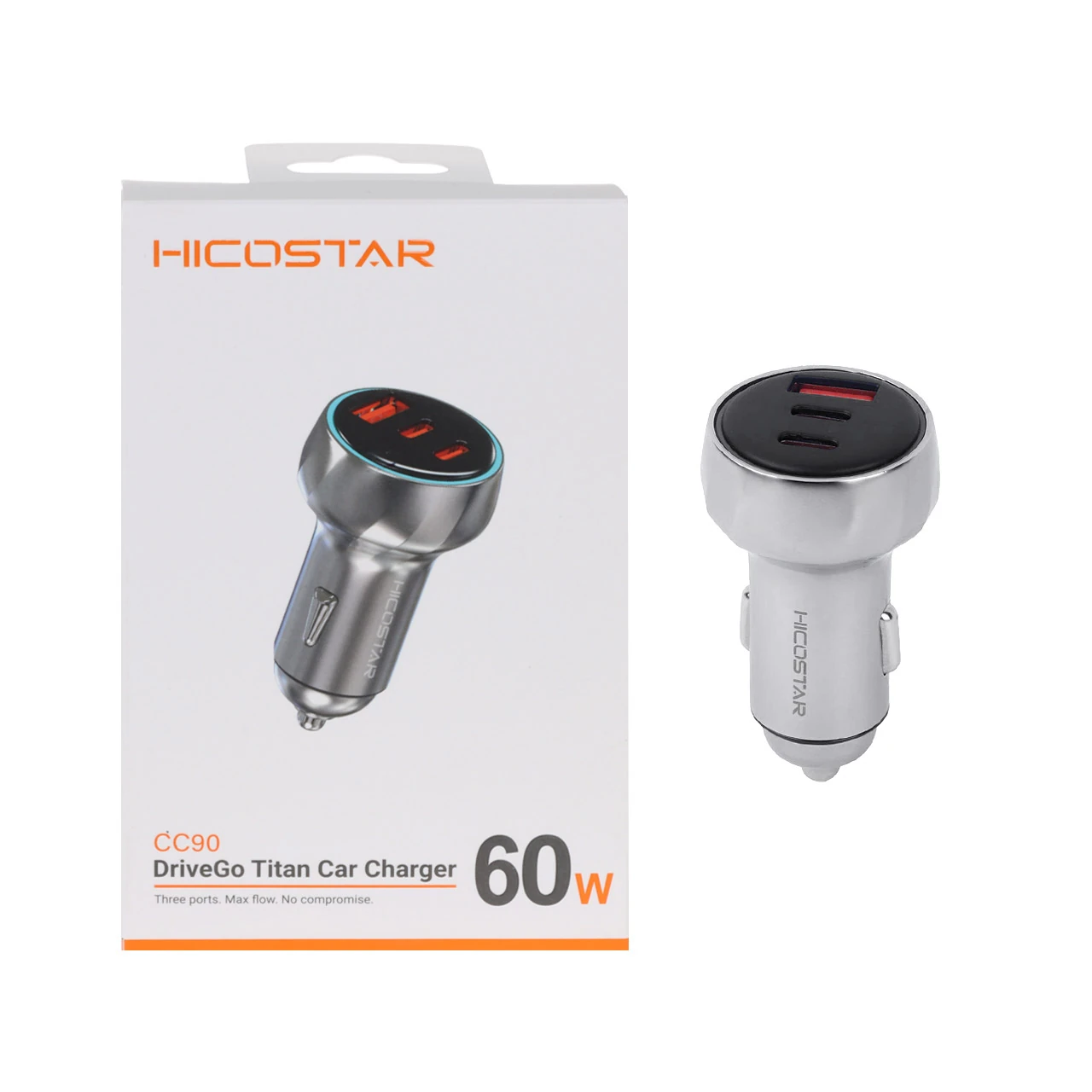 شارژر فندکی فست و PD سه پورت Hicostar مدل CC90 60W - نقره ای